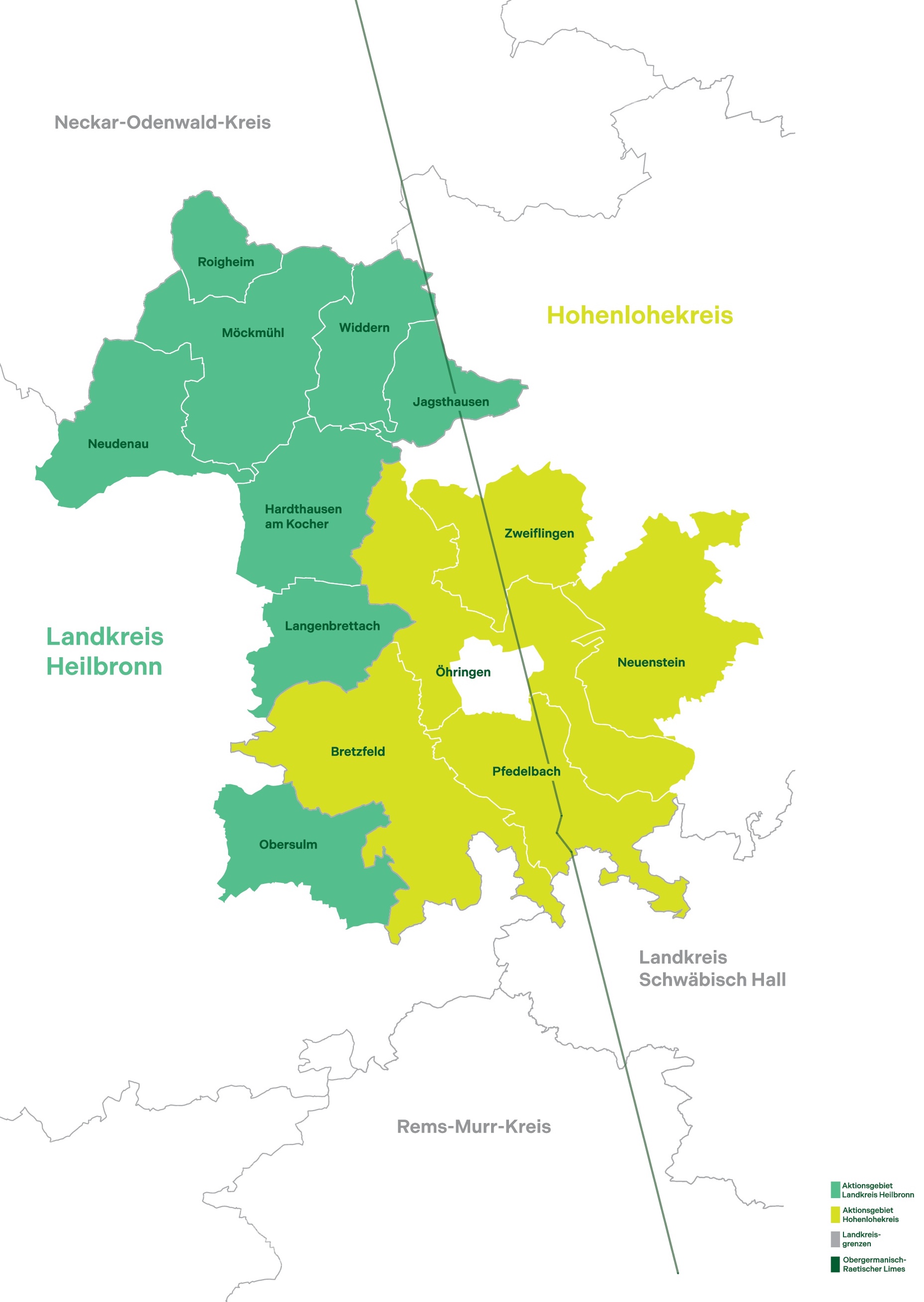 Landkarte in unterschiedlichen Grüntönen, die die LEADER-Region veranschaulicht.