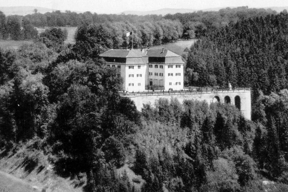 Schwarz-weiß-Bild. Ein Schloss steht auf einer Erhöhung, umgeben von Wald.