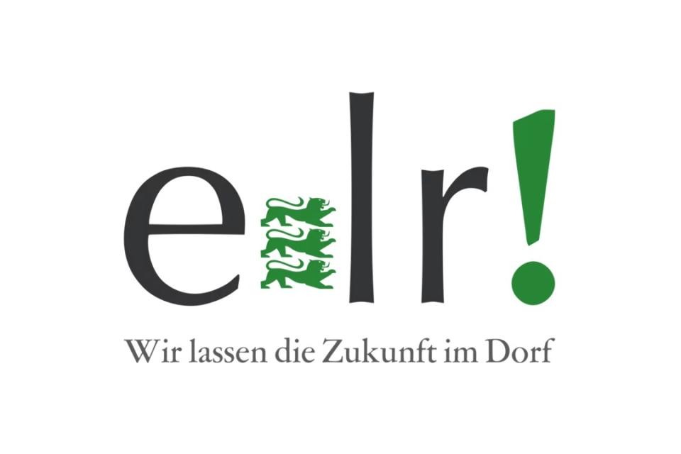 Logo des Förderprogramms Entwicklung im Ländlichen Raum, schwarze große Schrift: elr. Darunter in schwarzer Schrift: Wir lassen die Zukunft im Dorf. Zwischen e und l stehen drei baden-württembergische Löwen in grün untereinander. Nach dem l ist ein grünes Ausrufezeichen.