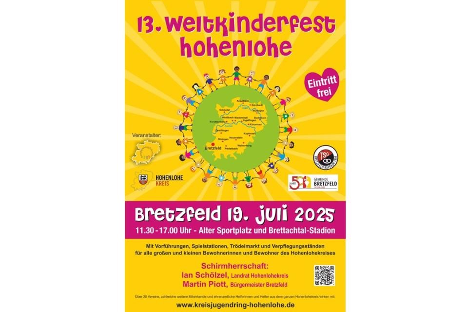 Gelbes Werbeplakat für das Weltkinderfest in Bretzfeld mit pinker Schrift. Mittig ist eine grüne Weltkugel, um die Kinder stehen, die sich an der Hand nehmen.