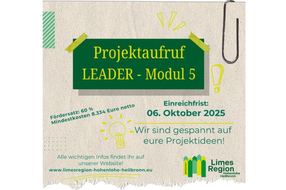 Projektaufruf LEADER-Modul 5 in gelber Schrift auf grünem Untergrund. Unten rechts das Limes-Region-Logo.