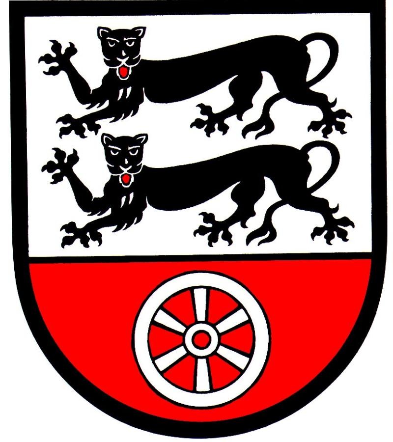 Das Wappen des Hohenlohekreises mit zwei schwarzen Leoparden auf weißem Hintergrund. Darunter das Mainzer Rad in weiß auf rotem Hintergrund.