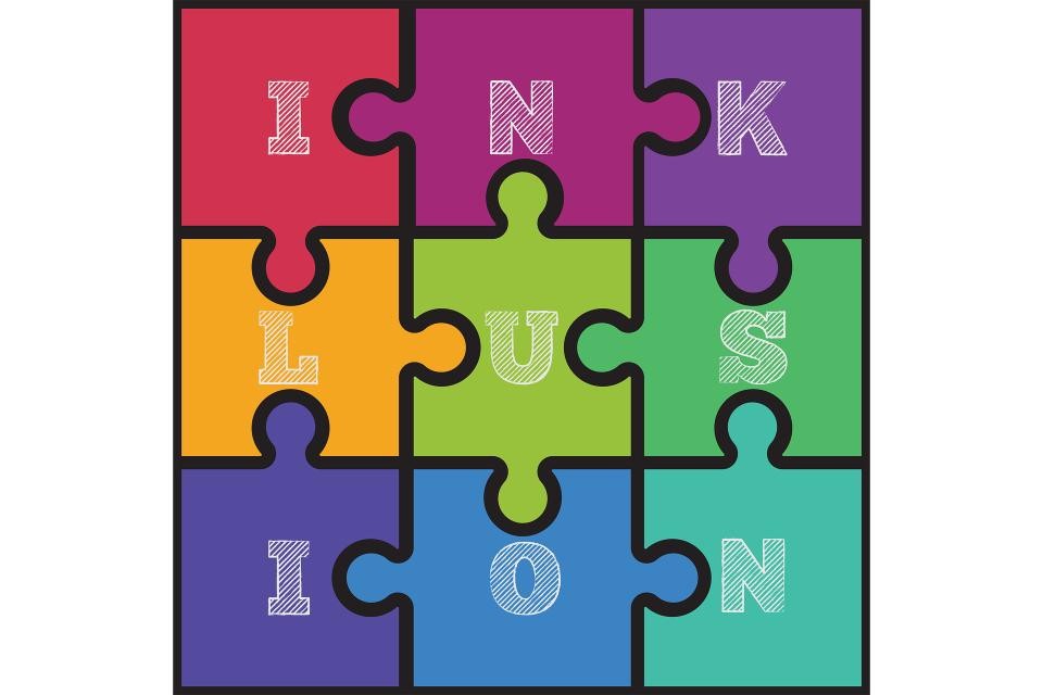 Das quadratische Bild besteht aus 9 Puzzle-Teilen, die jeweils eine unterschiedliche Farbe haben und in jedem Teil steht ein Buchstabe des Wortes "Inklusion".