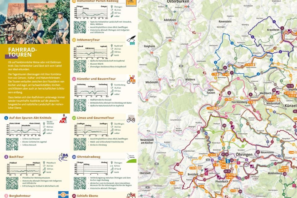 Rechte Seite ist eine Landkarte mit eingezeichneten Radtouren. Links stehen Erklärungen zu den unterschiedlichen Touren.