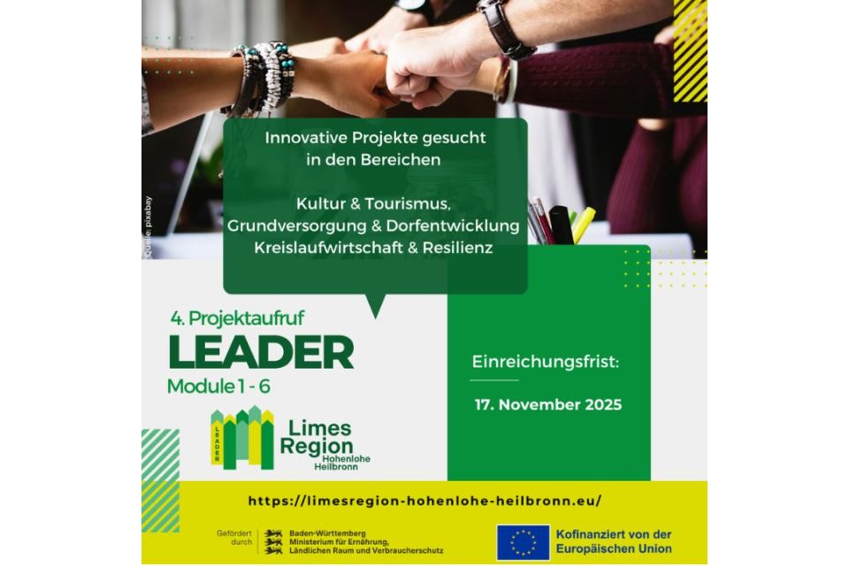 Plakat mit Projektaufruf für LEADER-Programm. Oben bilden mehrere Hände eine Faust und schlagen im Kreis miteinander ein.