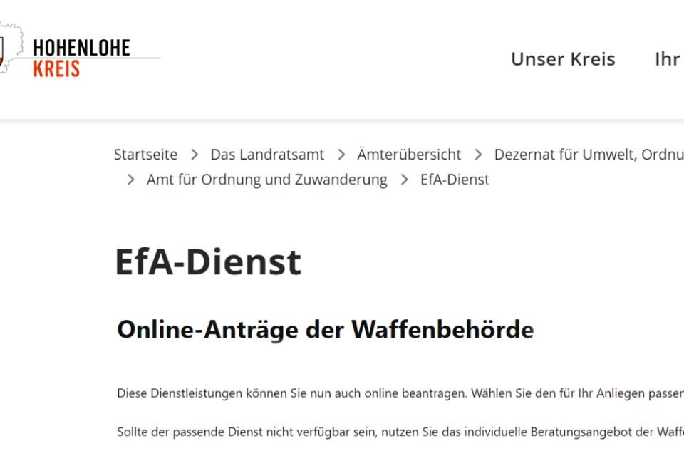 Screenshot der Webseite des Hohenlohekreises. In schwarzer Schrift steht "EfA-Dienst" und darunter "Online-Anträge der Waffenbehörde".
