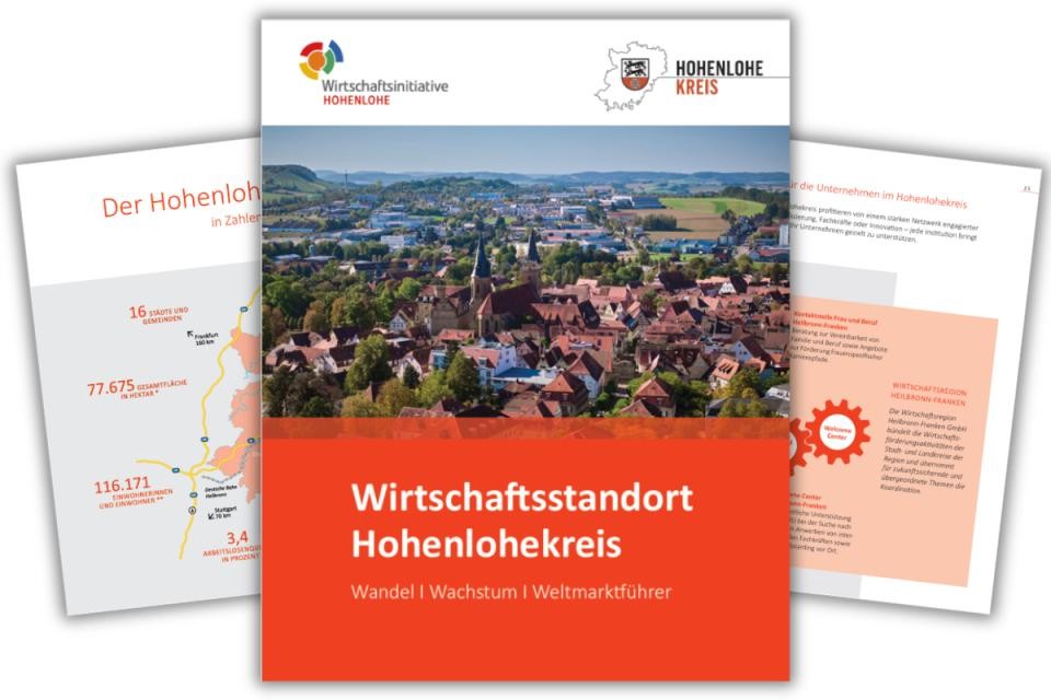 Wirtschaftsstandort Hohenlohekreis Ein aufgeklappter Informationsflyer zeigt eine Luftaufnahme von einem Dorf mit roten Dächern und Feldern.
