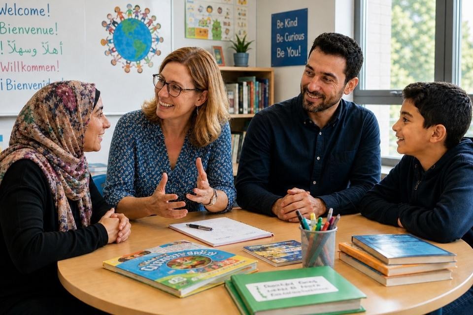 Vier Personen mit unterschiedlichstem Migrationshintergrund sitzen an einem braunen Holztisch und diskutieren lebhaft. Auf dem Tisch liegen bunte Bücher und Stifte. Im Hintergrund ist eine weise Wand mit bunten Plakaten und ein graues Fenster.
