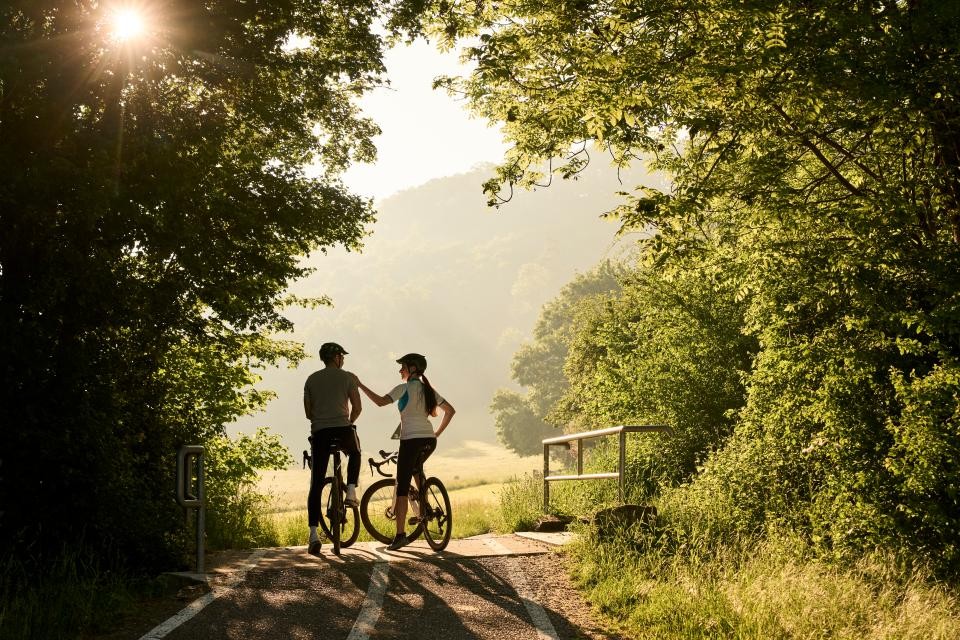 Zwei Personen mit dem Rad auf einem Fahrradweg der über eine Brücke führt. Links und rechts sind grüne Bäume. Im Hintergrund ist eine grüne Wiese und Wald. Links oben scheint die Sonne durch die Bäume.