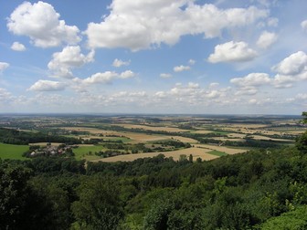 Weitbild über die Hohenloher Ebene: Wälder, Wiesen, Felder.