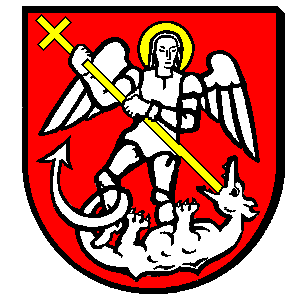 Das Forchtenberger Wappen zeigt auf rotem Hintergrund den in weiß gekleideten Erzengel Michael mit einem goldenen Kreuzspeer in der Hand. Der Erzengel steht auf einem weißen Drachen, welchen er mit dem Speer den Rachen durchbohrt.