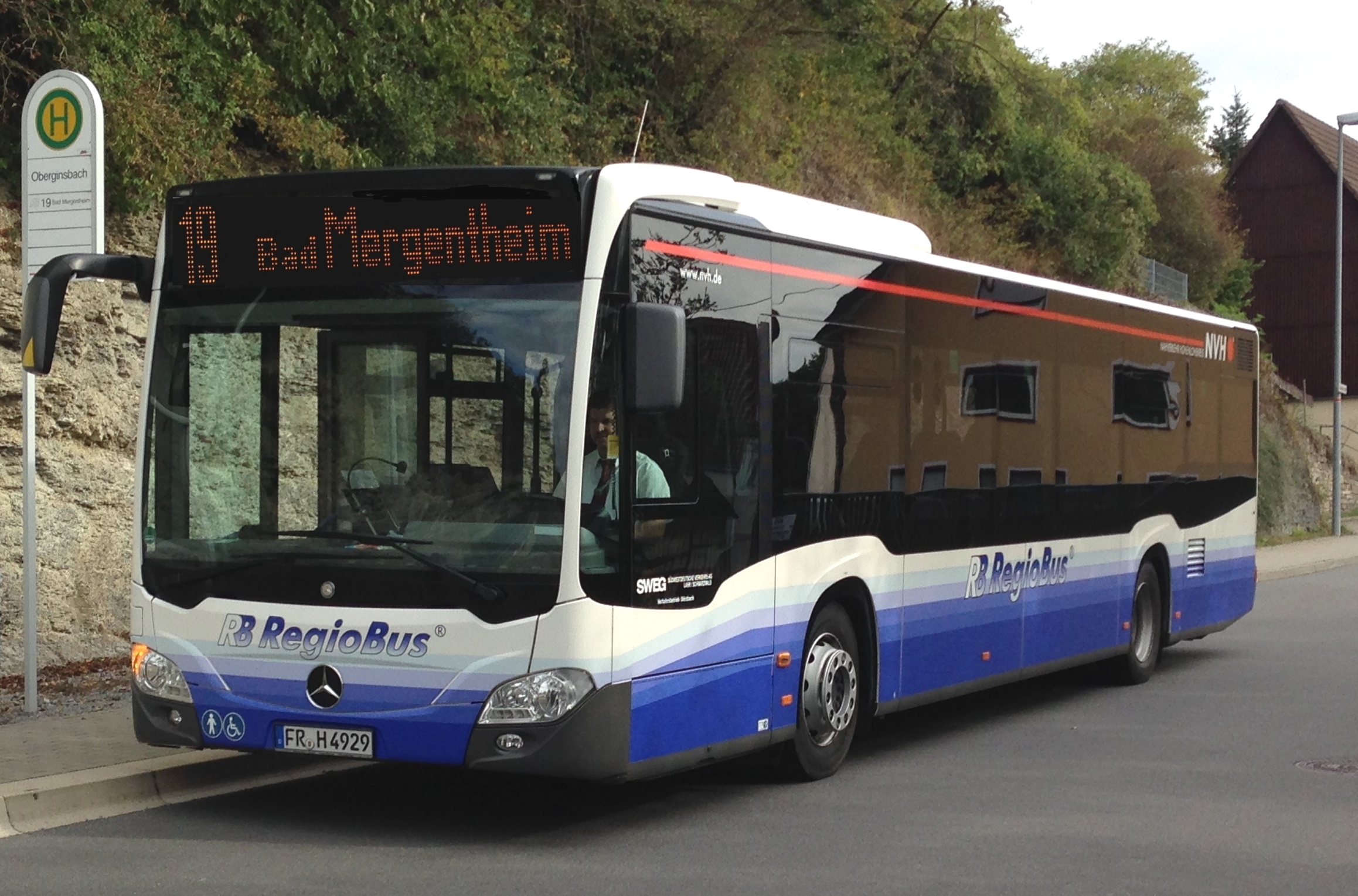 Ein blauer Linienbus des Hohenlohekreises an einer Bushaltestelle mit Büschen im Hintergrund