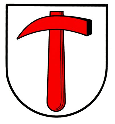 Auf dem Neuensteiner Wappen befindet sich ein roter Spitzhammer in weißem Hintergrund und schwarzer Umrandung.