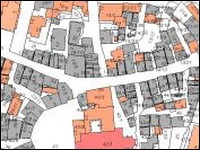 Flurstücke und Grundstücke auf einer Karte eingezeichnet in orange, grau und rot