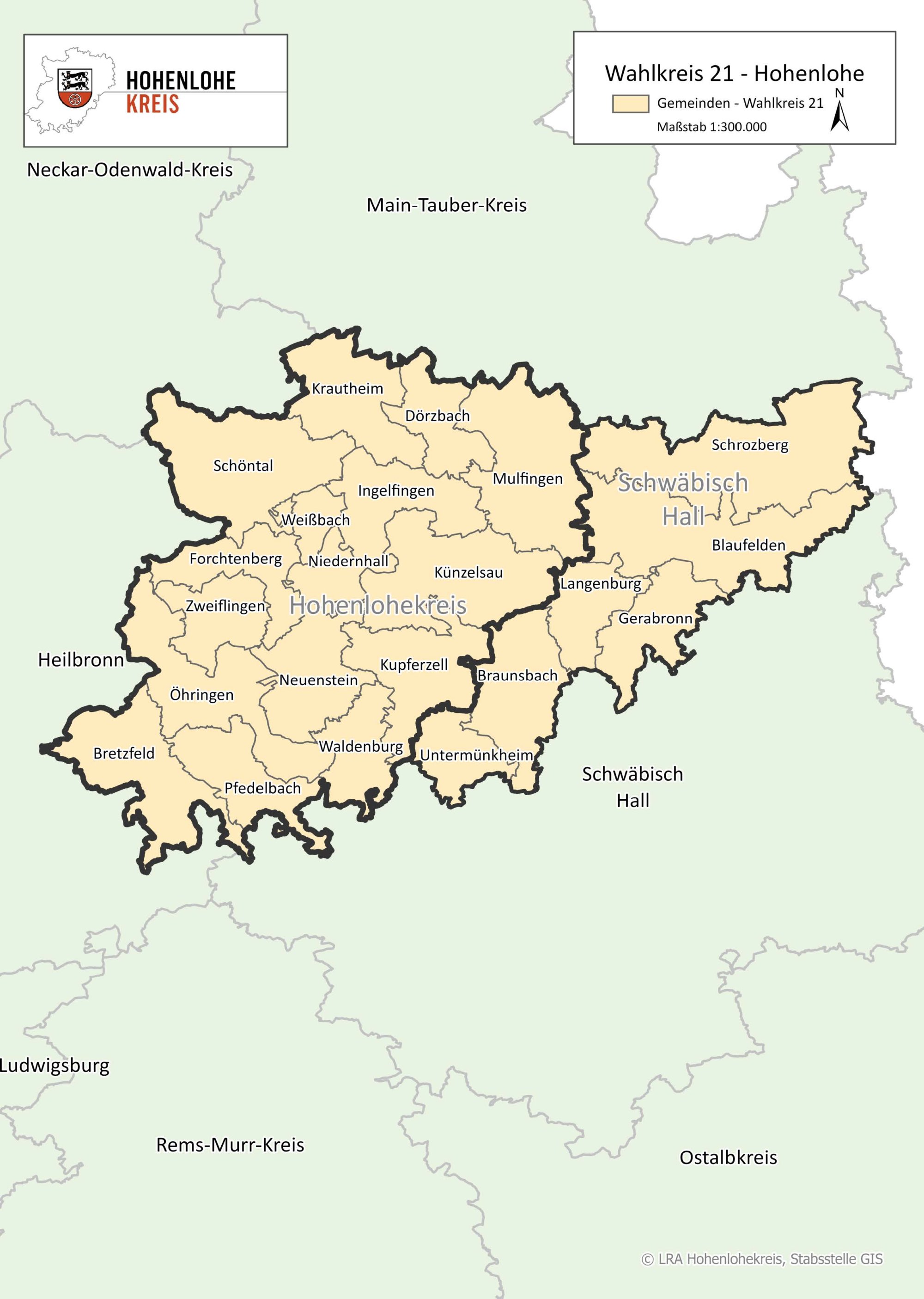 Landkarte mit der Einteilung der Wahlkreise für die Landtagswahl