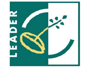 Logo des Förderprogramms Leader. Dunkelgrüne Schrift: Leader 