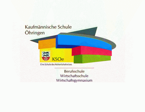 Logo der Kaufmännischen Schule Öhringen. Schwarze Schrift auf weißem Hintergrund: Kaufmännischen Schule Öhringen. Eine Schule des Hohenlohekreises. Berufsschule Wirtschaftsschule Wirtschaftsgymnasium. In der Mitte abstraktes Gebäude in grau, gelb, blau, pink und grün. 
