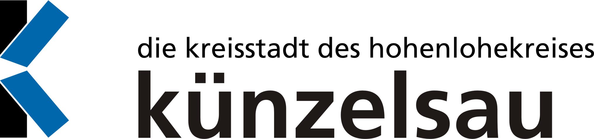 Das Künzelsauer Logo besteht aus einem großen K in schwarz und blau. Daneben steht "die Kreisstadt des Hohenlohekreises-künzelsau"