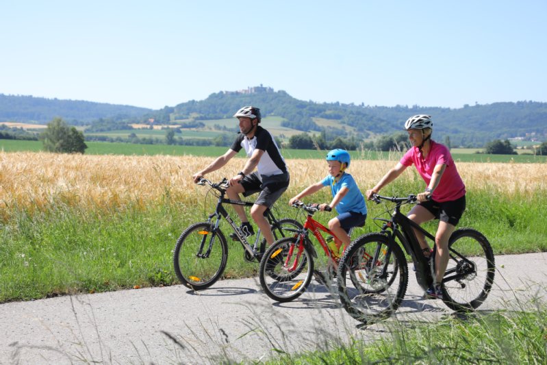 Ein Mann, eine Frau und in der Mitte ein Kind fahren gemeinsam Fahrrad auf einem Radweg durch die  Natur. Alltragen einen Helm. Im Hintergrund sind Felder, Wiesen und Wälder.
