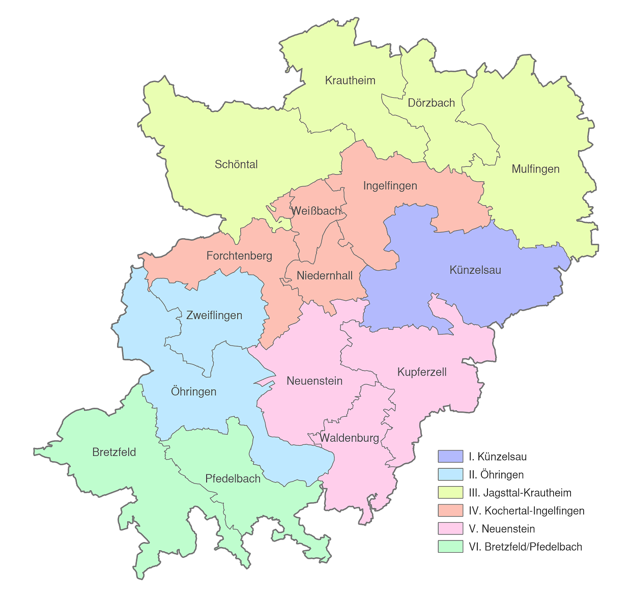 Die Karte zeigt die Umrisse des Hohenlohekreis und der Städte und Gemeinden. Die Gemeinden sind je nach Wahlkreis in gelb, rot, rosa, hellblau, grün und lila gefärbt.
