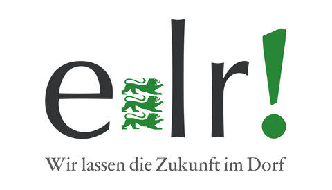 Logo des Förderprogramms Entwicklung im Ländlichen Raum, schwarze große Schrift: elr. Darunter in schwarzer Schrift: Wir lassen die Zukunft im Dorf. Zwischen e und l stehen drei baden-württembergische Löwen in grün untereinander. Nach dem l ist ein grünes Ausrufezeichen.