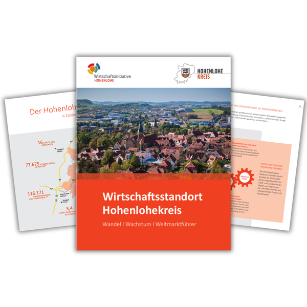 Ein aufgeklappter Informationsflyer zeigt eine Luftaufnahme von einem Dorf mit roten Dächern und Feldern.