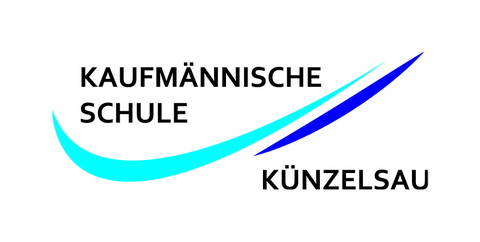 Logo der Kaufmännischen Schule Künzelsau. Schwarze Schrift auf weißem Hintergrund: Kaufmännischen Schule Künzelsau. Geschwungene Linien in Blautönen.