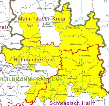 Weiße Landkarte auf der in gelb die Region Hohenlohe-Tauber eingezeichnet ist.