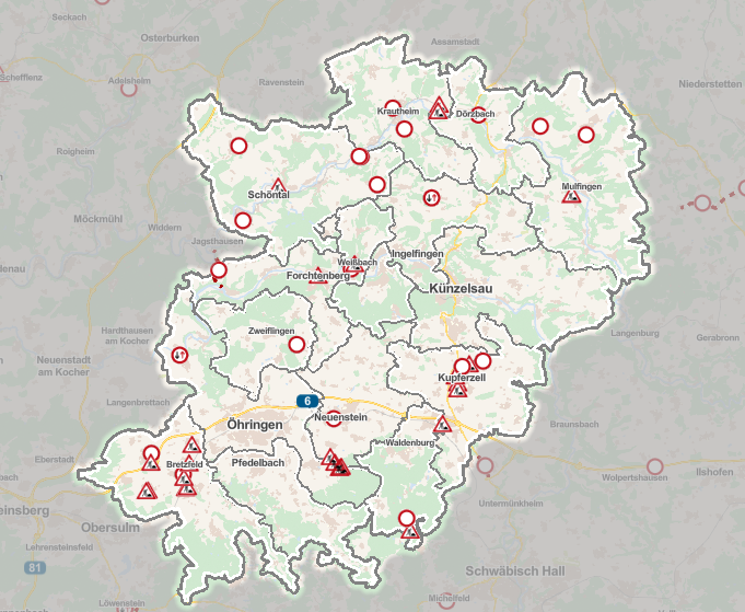 Karte des Hohenlohekreises mit Straßensperrungen