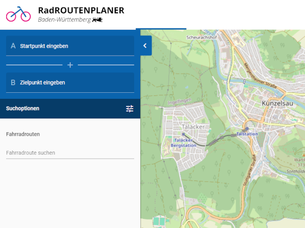 Screenshot des Radroutenplaners Baden-Württembergs, der eine Landkarte mit Radroute zeigt.