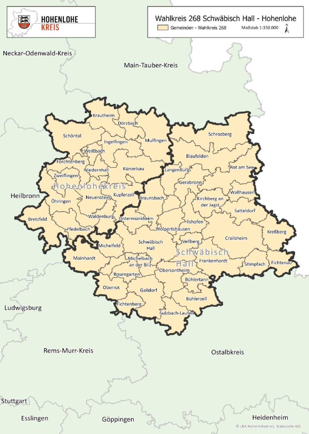 Landkarte mit Einteilung der Wahlkreise für die Bundestagswahl