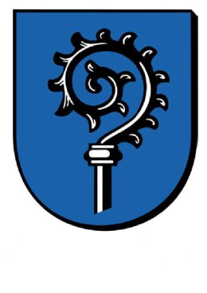 Das Ingelfinger Wappen besteht aus blauem Hintergrund und darauf befindet sich ein silberner Krummstab mit Zacken an der Krümmung.