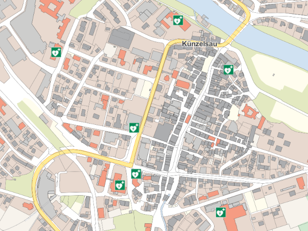 Straßenplan mit Defibrillatoren-Symbolen
