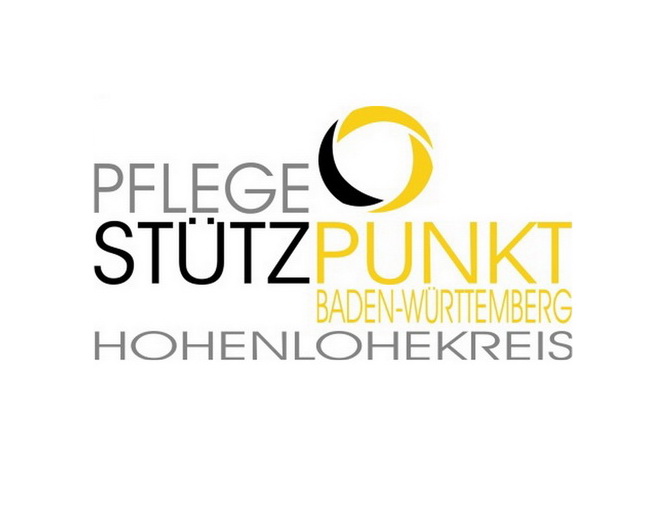 Logo des Pflegestützpunktes Baden-Württemberg Hohenlohekreis. Grau, Schwarz, gelbe Schrift auf weißem Hintergrund: Pflegestützpunkt Baden-Württemberg Hohenlohekreis. Rechts oben schwarz-gelber Kreis.
