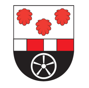 Das Dörzbacher Wappen hat in der oberen Hälfte drei rote Muscheln auf weißem Hintergrund. Darunter ist das berlichingensche Rad in weiß auf schwarzem Hintergrund zu sehen.